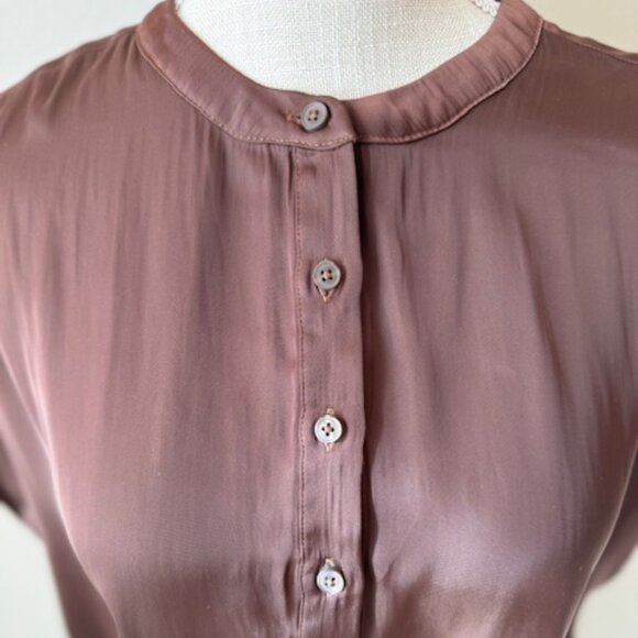 Old Navy Brown Satin Henley Short Sleeved Blouse - M - Picture 6 of 8